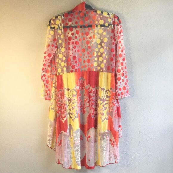 Sheer coverup with bright yellow red and orange circles coral pattern unique Sml - Picture 7 of 7